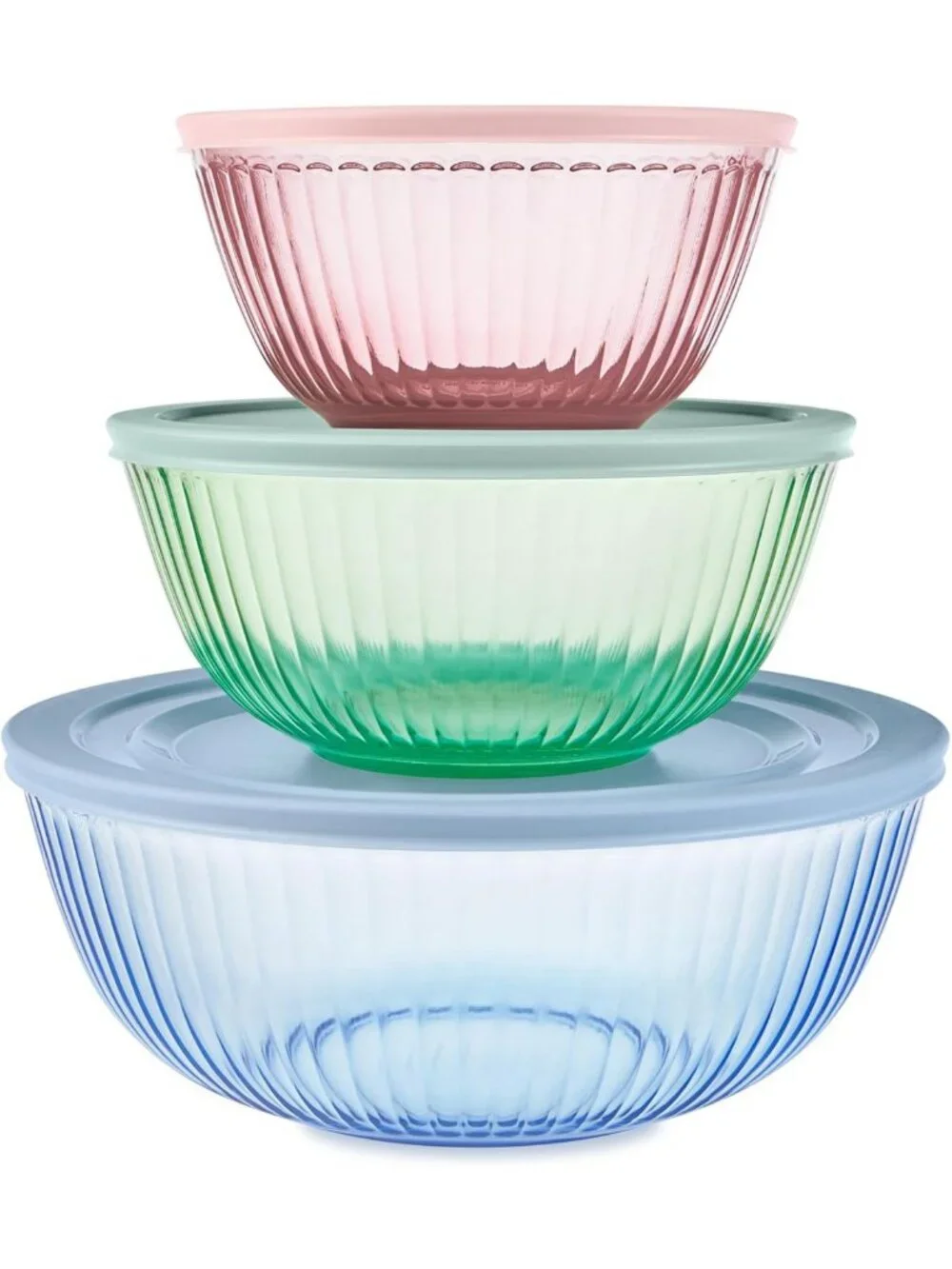 Colorful Sculpted Tinted Glass Mixing Bowls Set with Lids - 3-Pack Kitchen